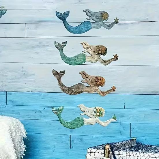 4 Pcs Wooden Mermaid Beach Wall Decor Rustic Nautical Swimming Mermaid Hanging Plaque Sign Coastal Mediterranean Wall Art for Home Farmhouse