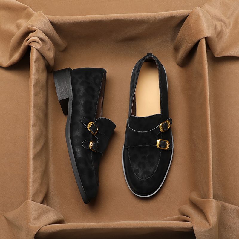 

Маленькие кожаные туфли с леопардовым принтом в британском стиле, женские туфли на толстом каблуке, одинарные туфли, весна и осень 2025, ретро, круглый носок, лоферы с пряжкой 40 чёрный