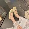 Grape Mother with the Same Height Increased by 5cm~ Leisure and Vacation Style Straw Woven Square Head Sandals Lazy Half Drag Women Summer Versatile