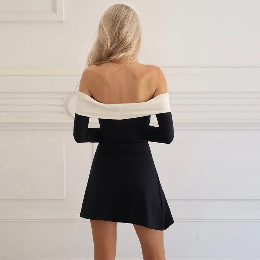 Off Shoulder Long Sleeves Slim Mini Dress Women's Sexy Elegant Outfit Prom Birthday Party Clubwear Dress