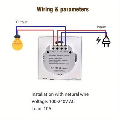 Single Live Wire Hand Wave Switch Glass Screen Panel Neutral Wire IR Sensor Switch Automatic Operation Intelligent Design