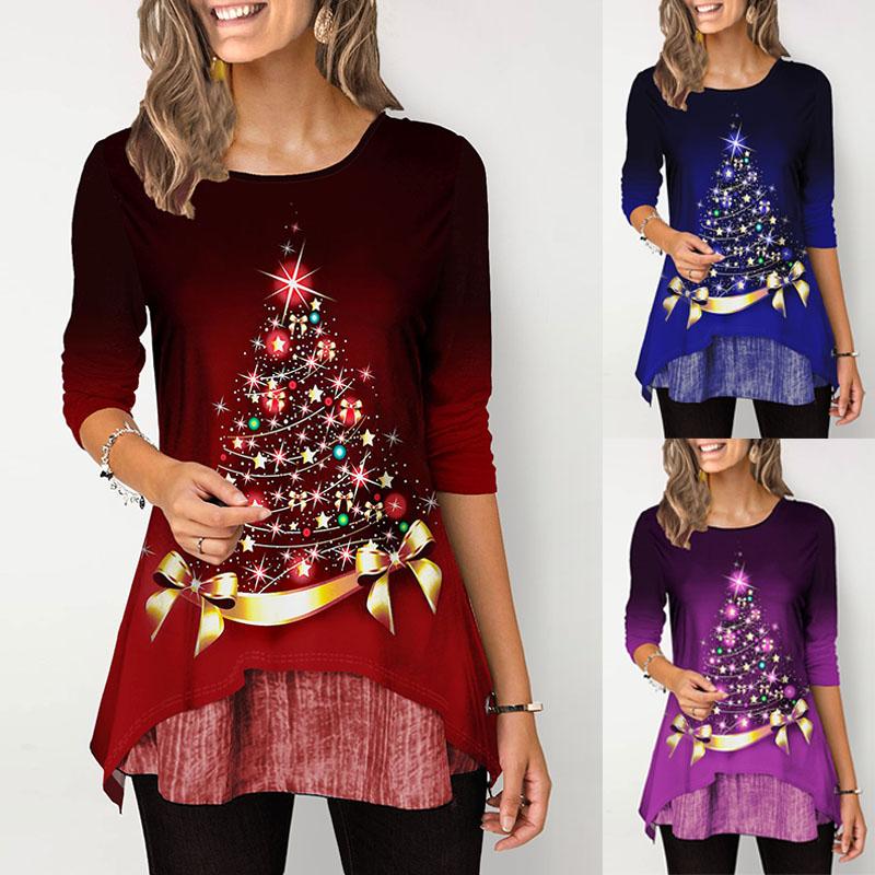 

Женщины Длинный рукав Рождественская елка Принт Градиент Рубашки Круглая шея Сшивание Нерегулярный подол Блузка