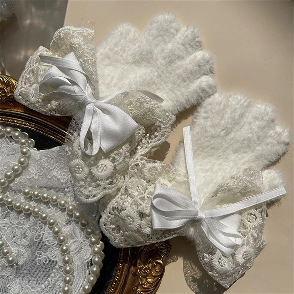 Lolita Winter Warm Knitted Full Finger Gloves Women's Ribbon Ties Lace Gloves Lady Thickened Fleece Woolen Mittens Warm