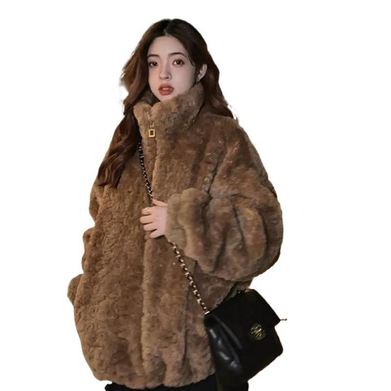 Retro simple solid color temperament stand collar thickened lamb wool imitation fur coat women's new winter models