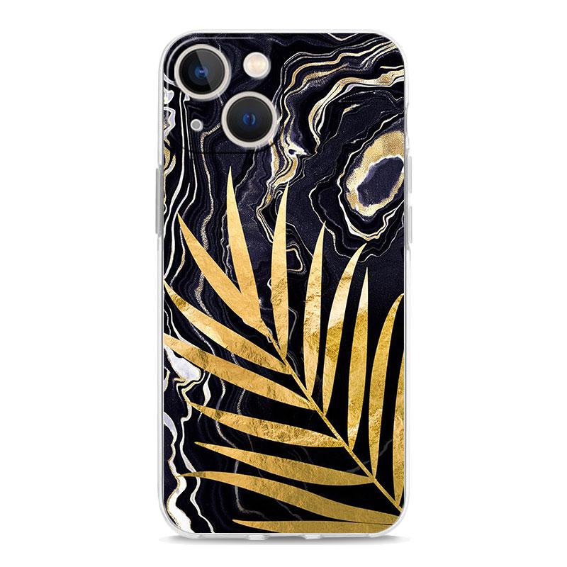 Black Gold marble tropic Luxury Transparent Phone Case For iPhone 15 14 13 12 11 Pro Max XS X XR SE 7 8 Plus Shockproof Cover