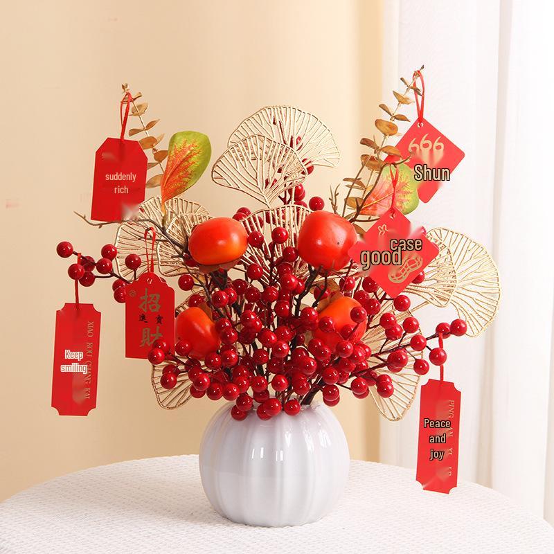 Luxurious Chinese-Style Pomegranate Fruit Arrangement: Faux Red Berries & Flowers for Living Room or Restaurant Decor