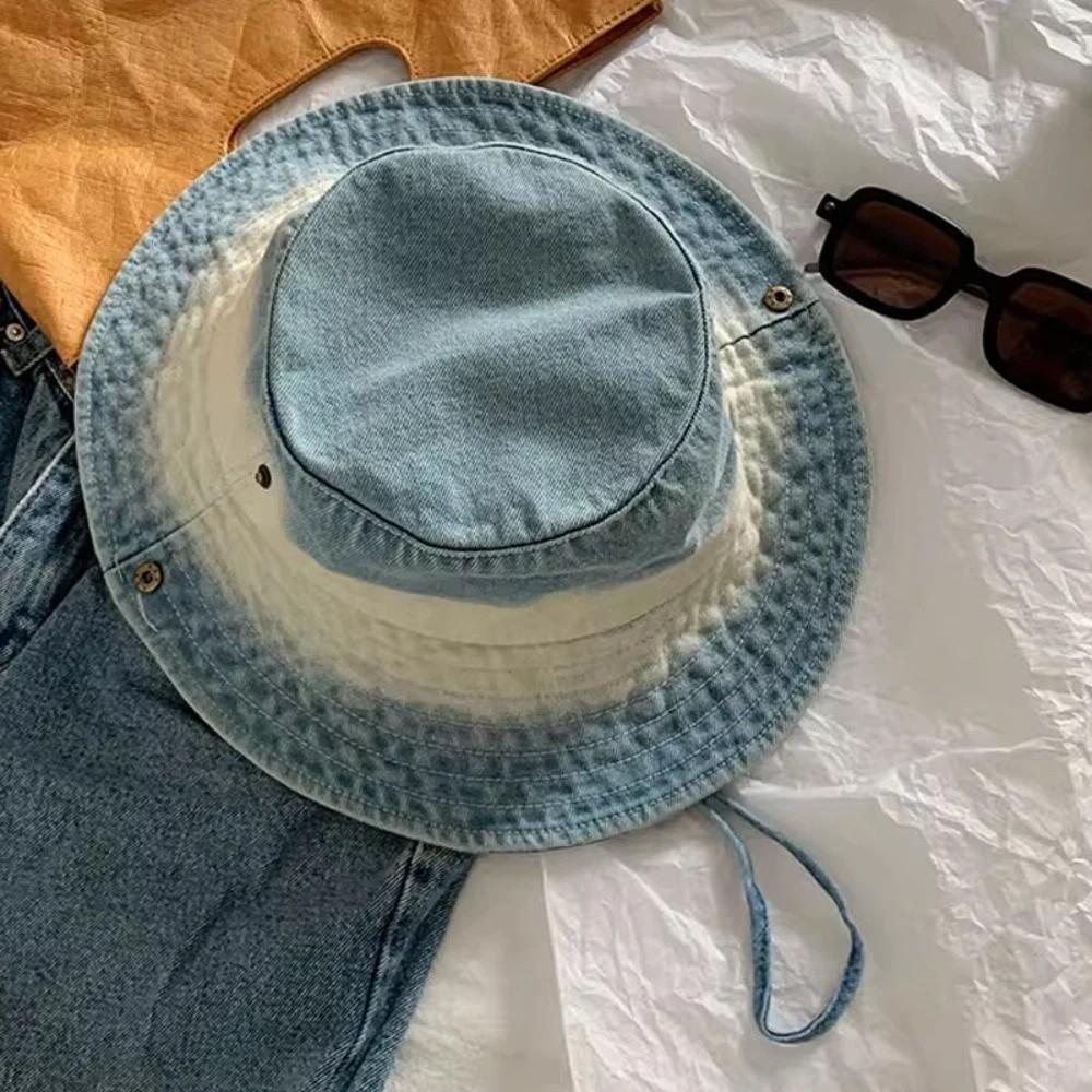 

Water-washed tie-dye Vintage Washed Denim Hat Wide Brim Drawstring Adjustable Fisherman Hat Sunscreen Windproof синий