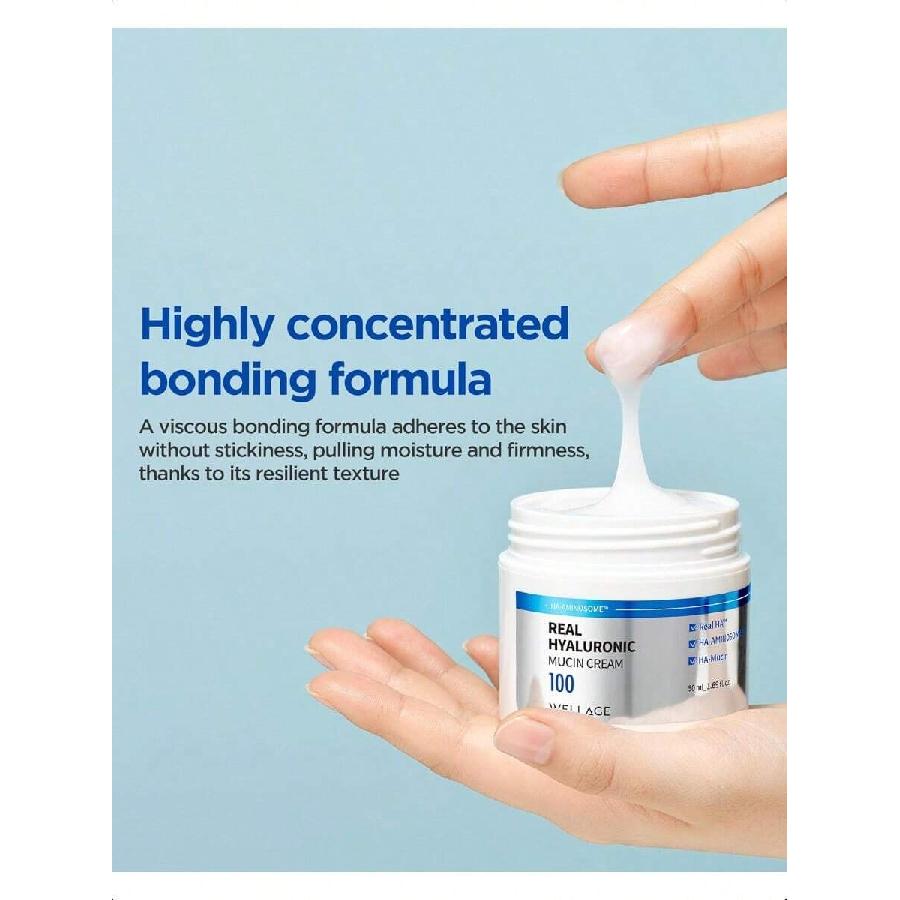 WELLAGE Real Hyaluronic Mucin Cream 50ml - Korean Daily Face Gel Moisturizer - Ultimate Hydration And Elasticity With Pure Hyaluronic Acid