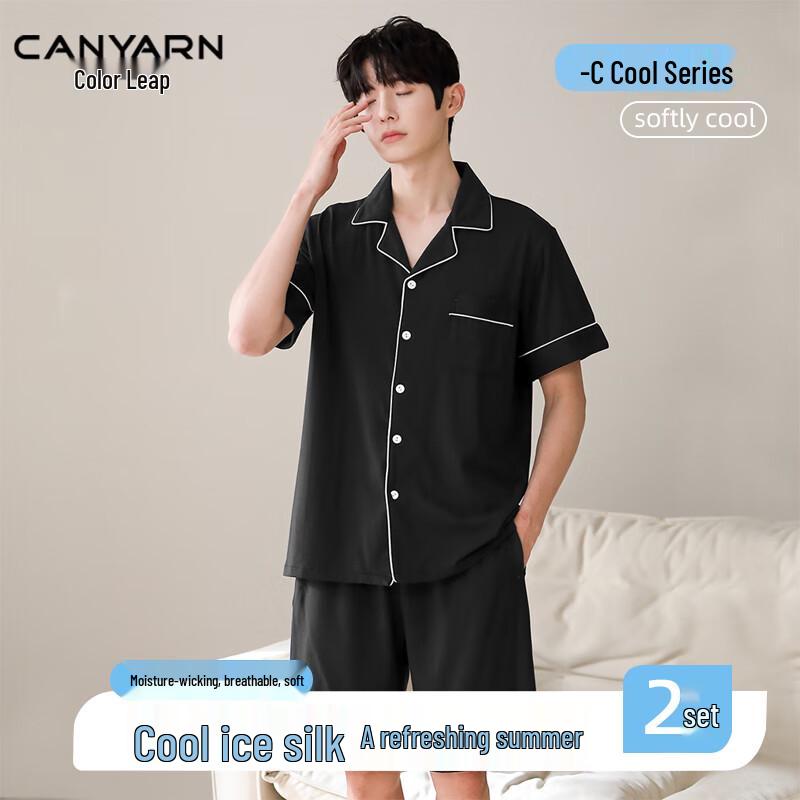 Caiyue Men s Ice Silk Short Sleeve Cardigan Pajama Set L