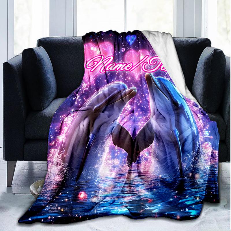 1PC Custom Name Love Between Dolphins Outdooor Flannel Blankets Throw Blanket All-Season Throw Gift Bedspread for Couch, Bed, Camping Holiday Birthda
