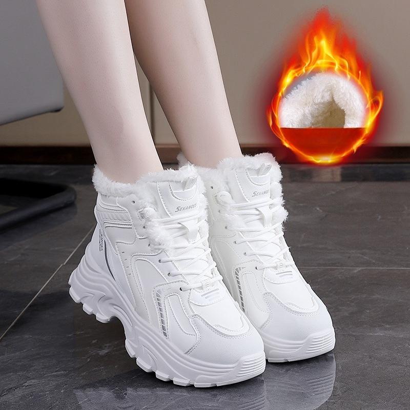 Women's high top large size soft sole fall and winter warm fur one snow boots padded lining non-slip hiking casual sports cotton boots