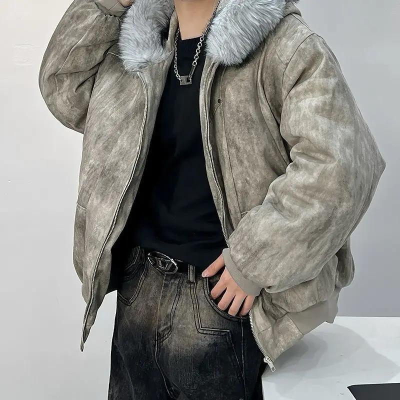 Herrejakke i bomull med pelskrage Broderi og batikkmønster Vinter Herre Utendørsjakke Tykk og komfortabel jakke