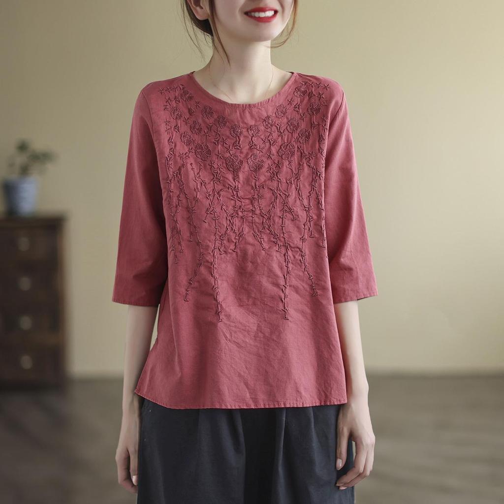 Women Summer Casual Cotton Linen Vintage Floral Embroidery T-shirts Loose Short Sleeve Female Tops