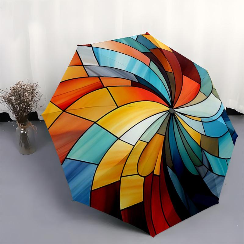 1pc Stained Glass Spiral Design Automatic Opening Folding Umbrella with 8-Bone Iron Frame - Portable Outdoor for Fans, Travelers, Daily Use, Festive G