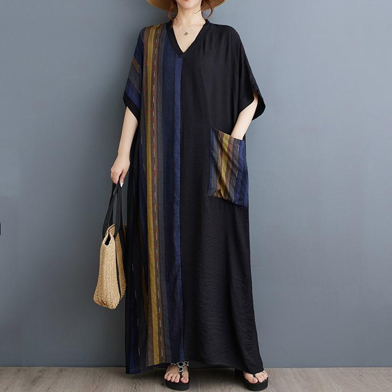 

З коротким рукавом, великий розмір, бавовняний атлас, вінтажна клаптева новинка в сукнях для жінок, повсякденна вільна довга літня сукня максі