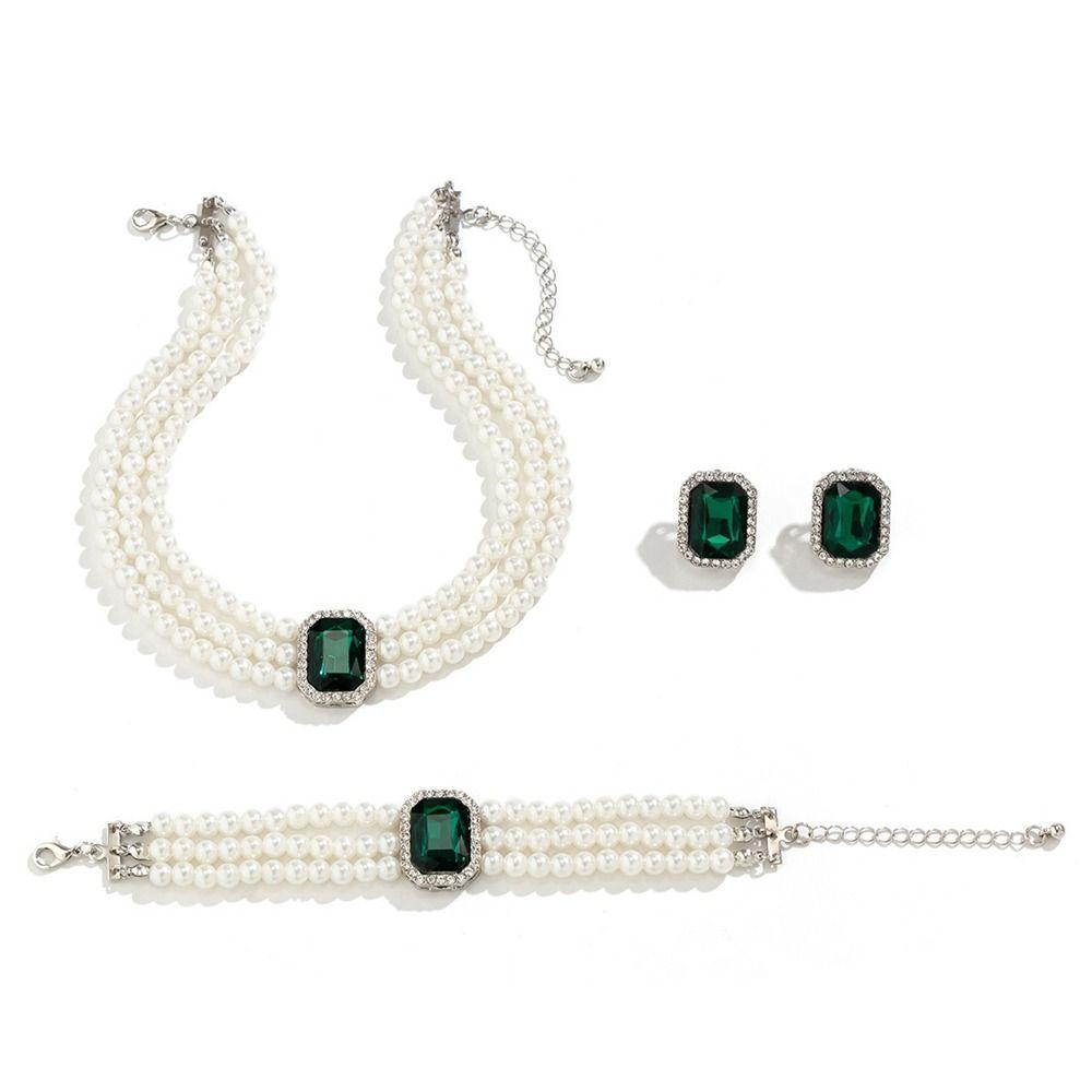 Multi-layer Pearl Jewelry Sets Rhinestones Bridal Jewelry Sets Necklace Bracelet Earring Set  Bride