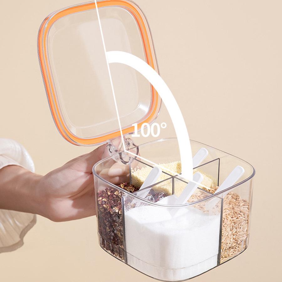 Transparent Kitchen Spice Box with Four Compartments, Spoon Handle, and Lid - Durable Plastic Seasoning Organizer
