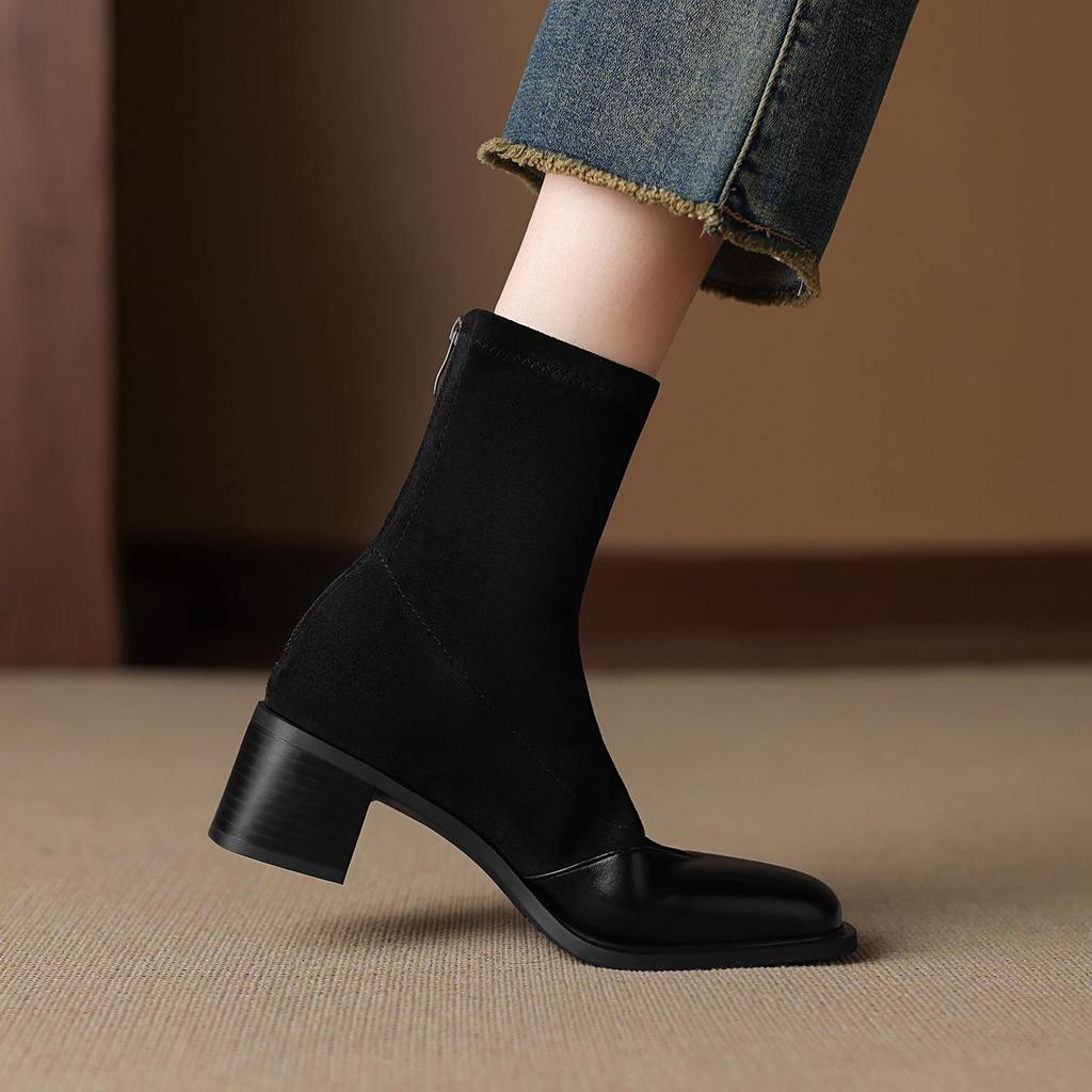 Krazing Pot Microfiber Flock Round Toe Med Heels Elastic Boots Size 43 Slip On Women Patch Work Ankle Boots