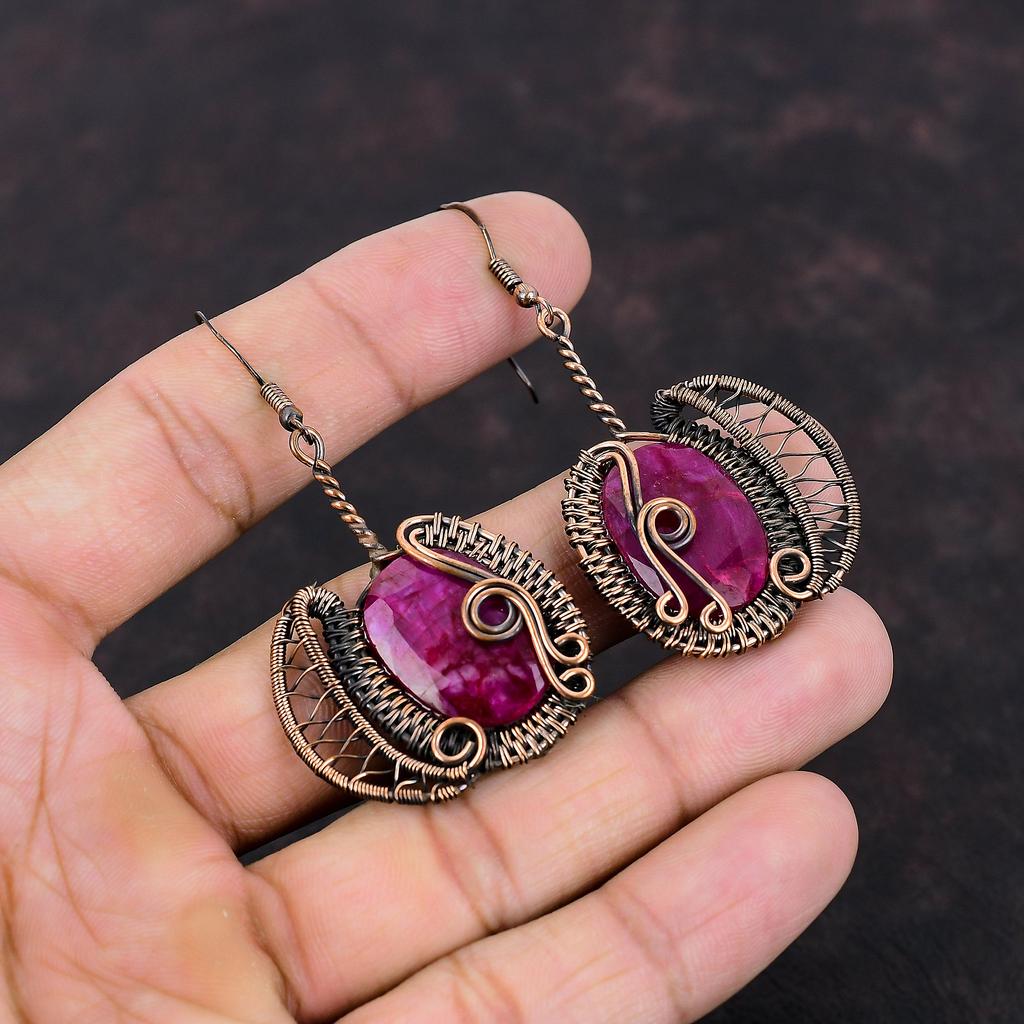 Faceted Kashmir Ruby Earring Copper Wire Wrapped Gemstone Earrings Copper Jewelry Handmade Dangle Earring Wire Wrapped Jewelry Gift For Wife