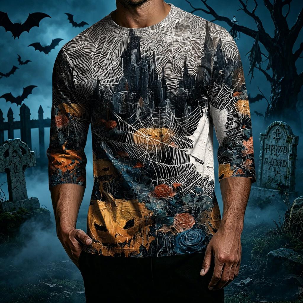Men's Casual Halloween Print Crew Neck T Shirt Three Quarter Sleeve Top with Graphic Design for Seasonal Wear