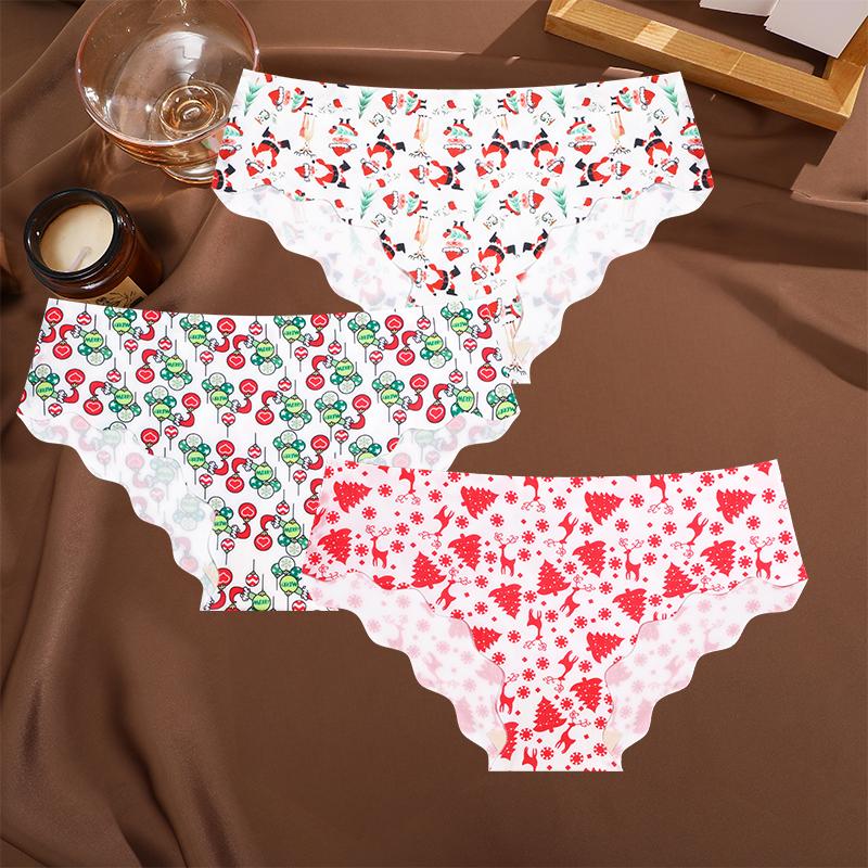 

FINETOO 3 шт./комплект рождественские трусики со снежинками и Санта-Клаусом сексуальное дышащее женское нижнее белье с низкой талией волнистые узоры трусики Счастливого Рождества XL&Set