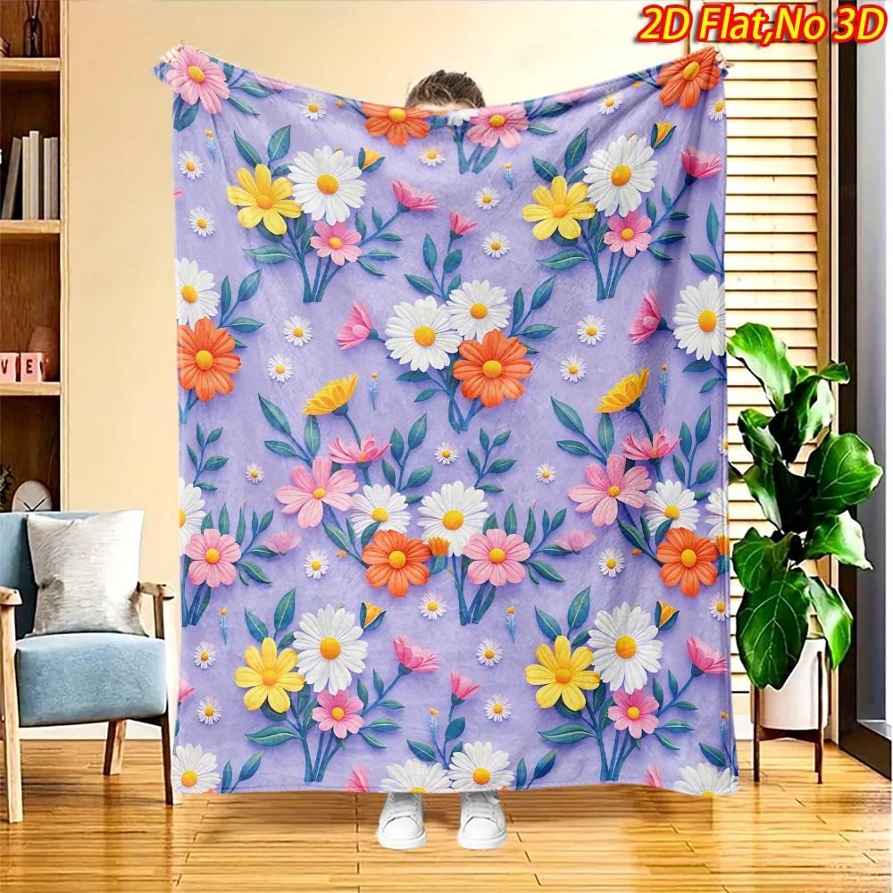 1pc 2D Flat Printing Spring & Summer New Arrival Colorful Daisy Pattern Digital Print Blanket, Suitable for All Seasons, Casual Throw Blanket, 100% Po