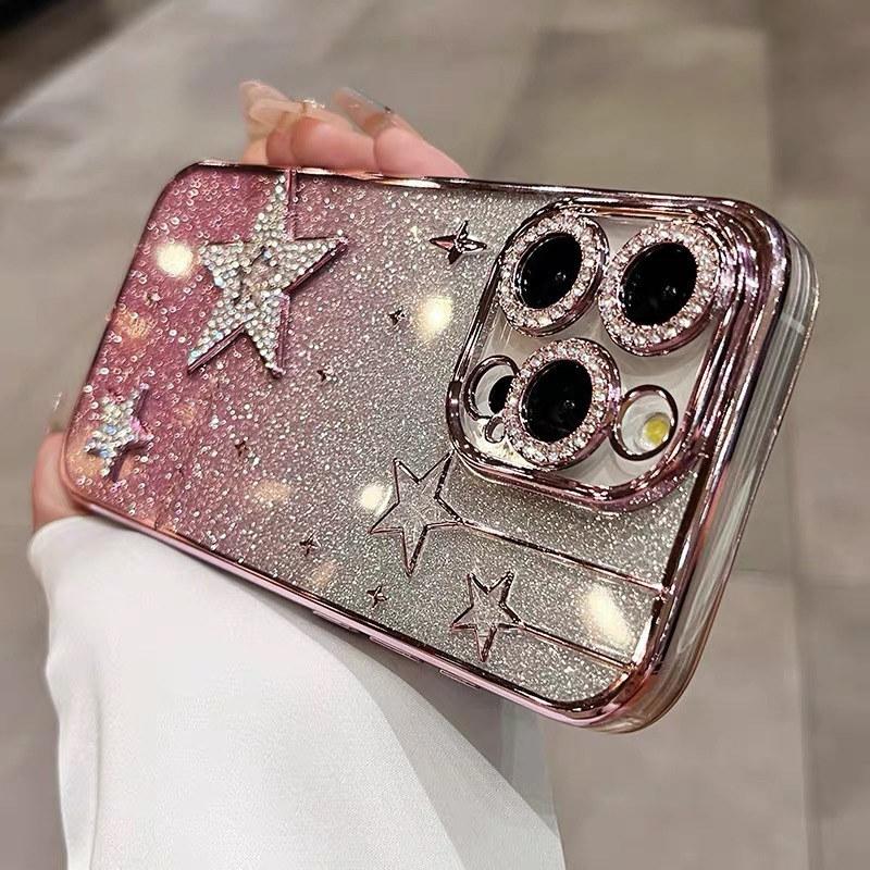 

Роскошный блестящий 3D-чехол со звездами для iPhone 16 Pro Max 12 13 14 15 ProMax, мягкий силиконовый чехол с градиентным покрытием для iPhone 11 13Pro iPhone 13 розовый