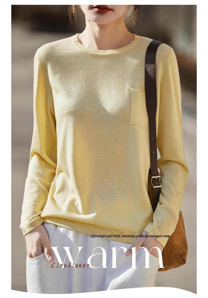 Women's Slim Fit Solid Color Round Neck Wool Sweater - Long Sleeve Fine Knit Base Layer