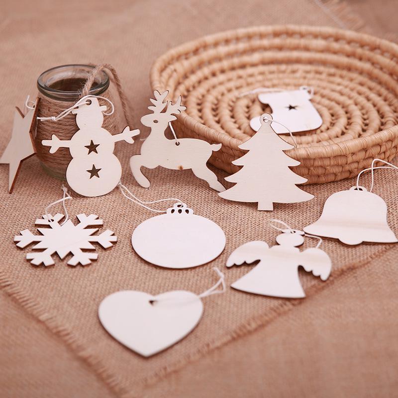 10/100Pcs Christmas Unfinished Wooden Snowflake Elk Ornaments Hanging Cutouts Blank Wood Slices with Cord Craft Embellishments
