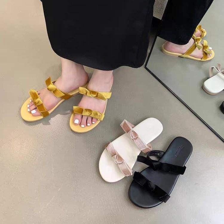 Summer fashion versatile flat bottom word with bow velvet non-slip fairy French new toe girl cool slippers