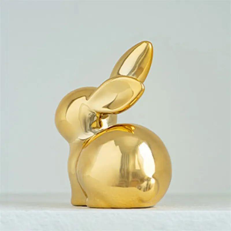 Ceramic Rabbit Figurines Set of 2, Gold Decorative Bunny Statues for Home Decor, Small Modern Animal Showpieces