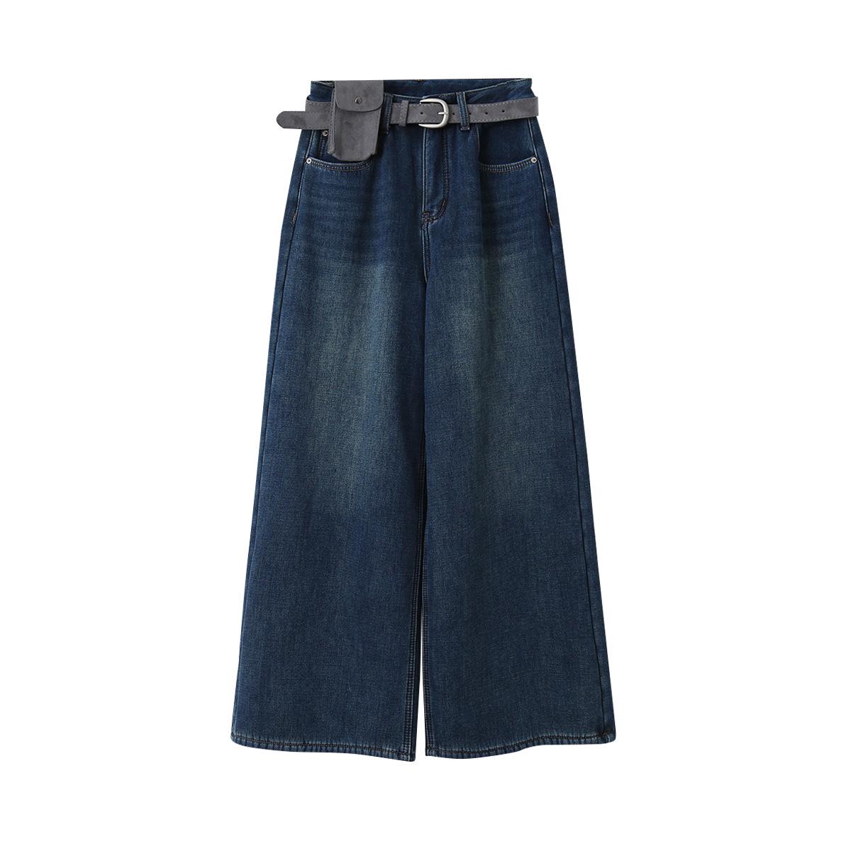 Ou Fan Denim Blue Fanny Pack-Style High Waist Thickened Slimming Winter Pants for Women S