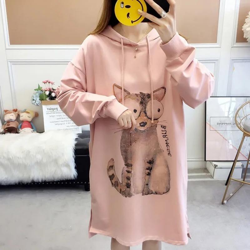 Maternity Hooded Sweater Large Size Belly Cover Not Show Hips Cover Thin Versatile Trendy Top