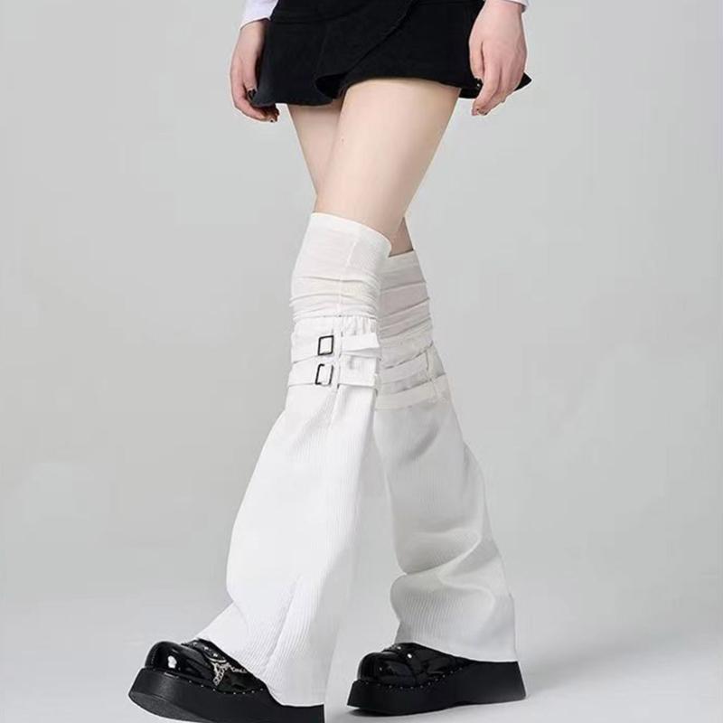 Harajuku Aesthetic Solid Color Leg Warmer Long Socks for Women Punk Buckled Strap Fastener Flared Leg Sleeves Streetwear