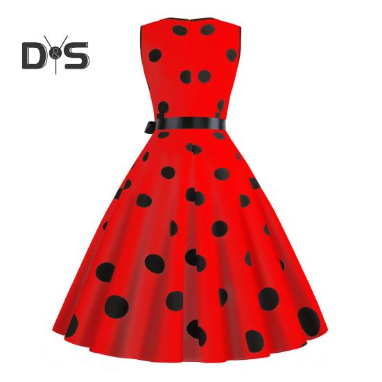 Sukienka wieczorowa dla kobiet w stylu vintage, kontrastowe kropki, nadruk w kropki, kokarda w talii, linia A, duży rozkloszowany, wąska talia, bez rękawów, odkryte plecy, dekolt w serek, sukienka midi w stylu księżniczki