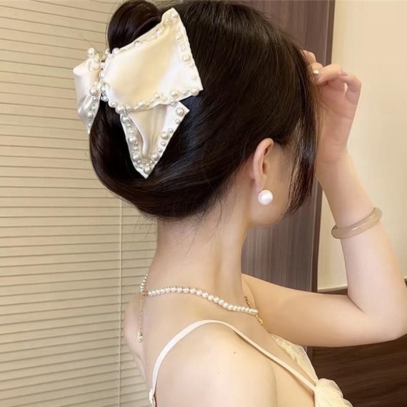 

French Elegant Beads Hair Claw Korean Sweet Bow Ponytail Clip Hair Accessories