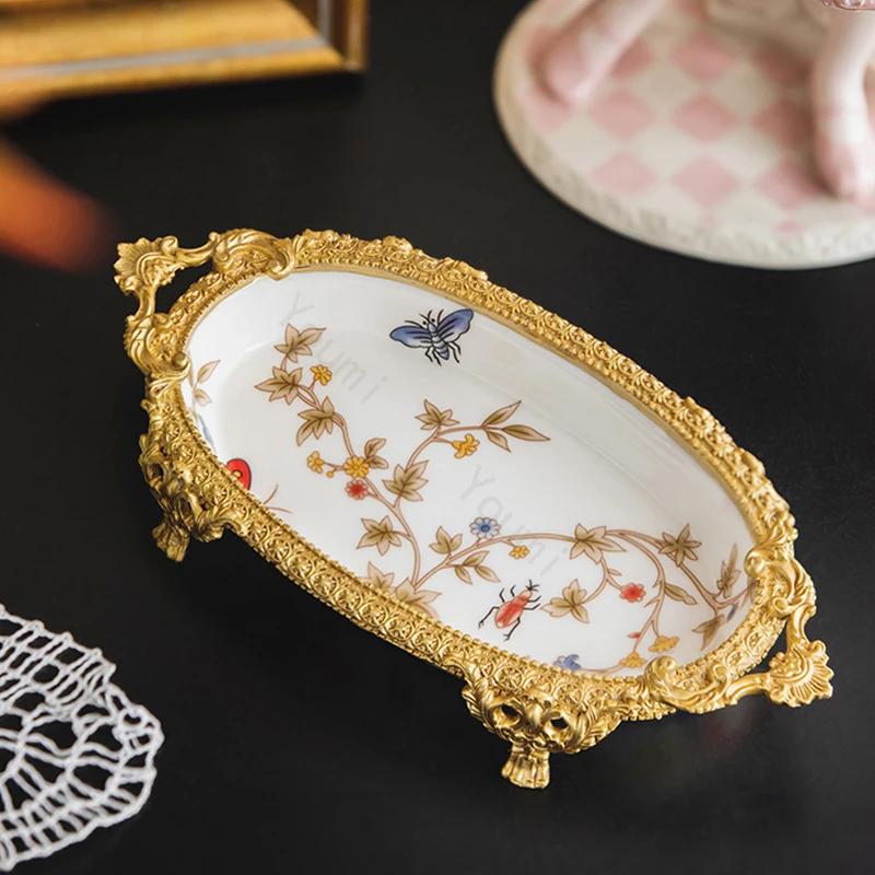 Bandejas de Vidro de Latão de Luxo Leve Escultura de Palácio Francês Brincos Bandeja de Armazenamento de Joias Organização de Entrada de Casa Bandeja Decorativa