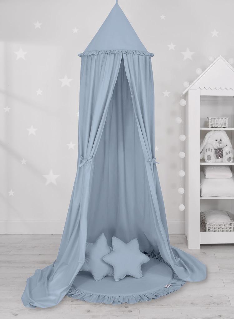 Set: hanging canopy for a children's room, mat with ruffles, pillows - dirty blue