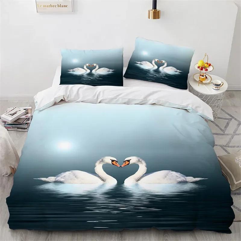 Comforter Romantic Swan Microfiber Flower Bedding Set Wild Animals Twin King For Girls Teen Adults Bedroom Decor