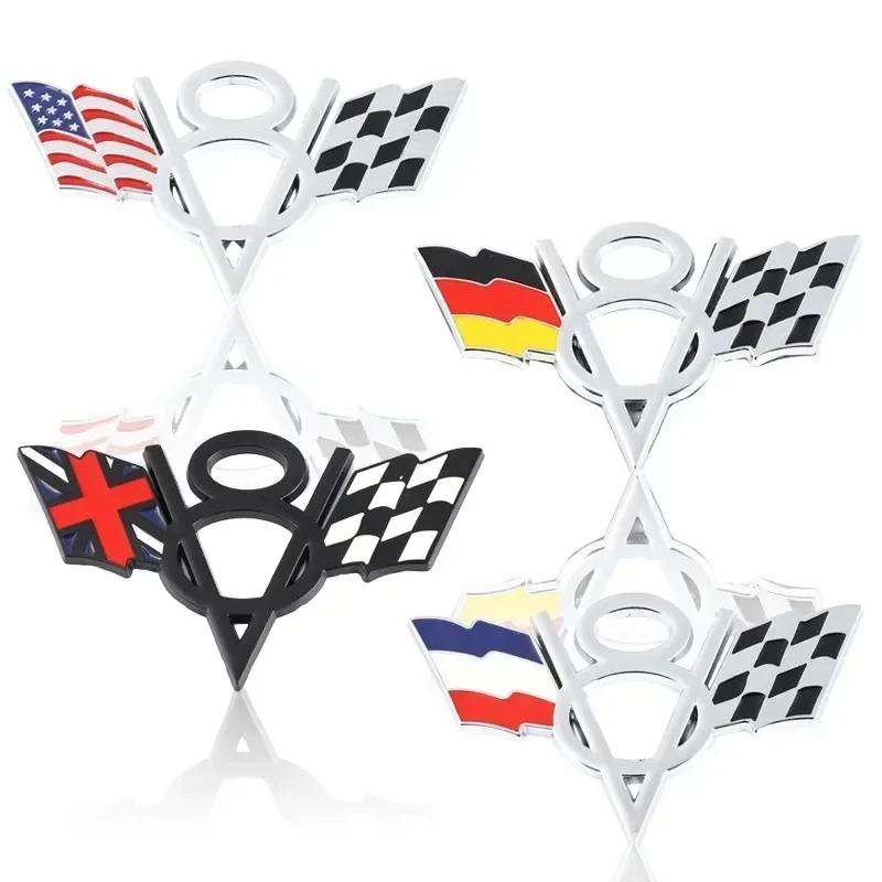3D Metal V8 Italy France America US UK Flag Rear Trunk Fender Emblem Badge Sticker for Dodge Jeep Ford Accessories