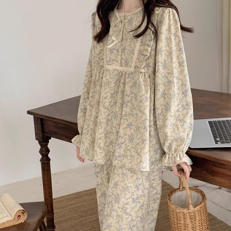 Women Pajamas Garden Style Student Homewear Two-Piece Korean Version of the Bow Can Be Worn Outside Long-Sleeved women