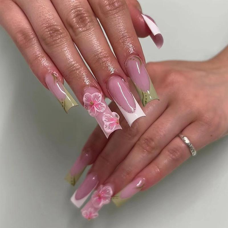 24Pcs Long Square Press On Nails Leopard Print French 3D Cherry Design False Nail Rhinestone Wearable Full Cover Fake Nails Tips