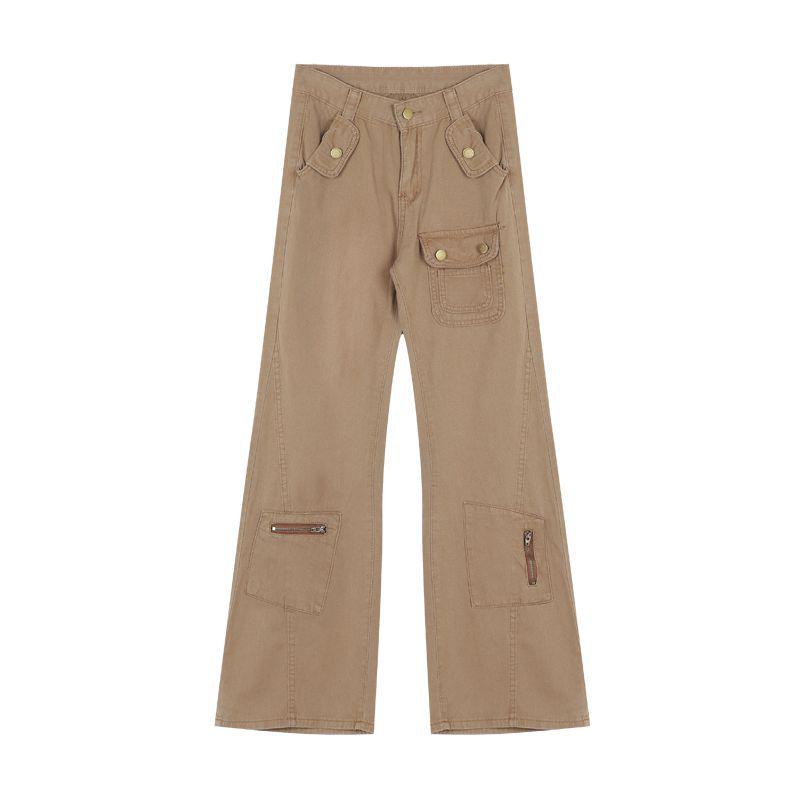 Retro High-Waisted Micro-Flare Cargo Jeans - Slimming American Streetwear Design S