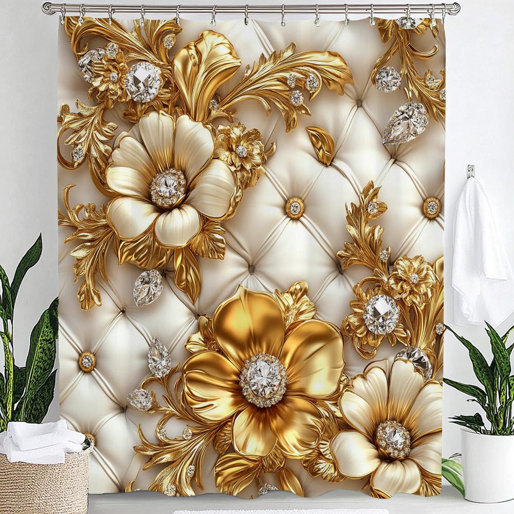 

Golden Shallow Relief Floral Print Shower Curtain Partition Privacy Hanging Curtain With Hooks Multiple Size Machine Washable W60H190(CM)-1 Pcs