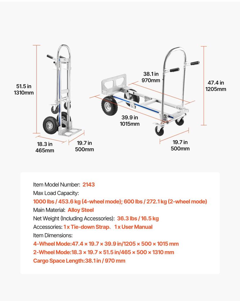 2 In 1 Hand Truck, 453.6 Kg Load Capacity for 4-Wheel Mode, Convertible Hand Truck Dolly with Non-Slip Handle & Wheels, Portable Trolley Dolly for