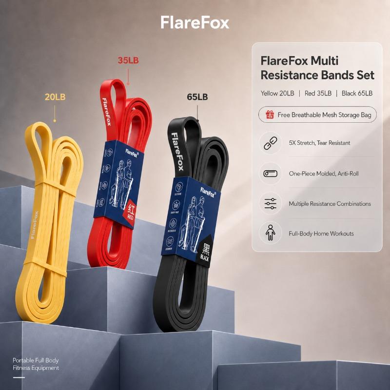 FlareFox Multiple Resistance Bands Set Pull-up Assist Straps Strength Agility Training Handy Gym Equipment for Home CrossFit 3