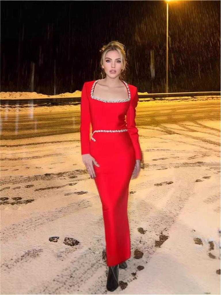 Rochie Bandaj Pătrată cu Strassuri în Stilul Socialitelor Franceze