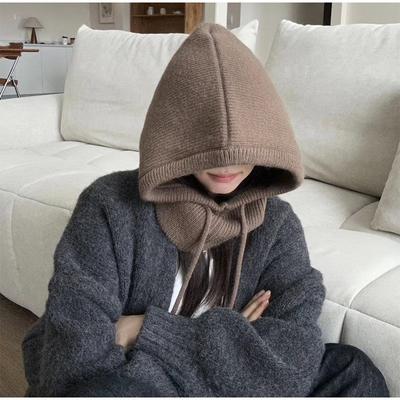 Örme Kapşonlu Şapkalar Kış Balaclava Şapkalar Kadın Kore Tarzı Açık Hava Isıtıcı Bağcıklı Şapkalar Tek Parça Boyunluk Bere Şapka