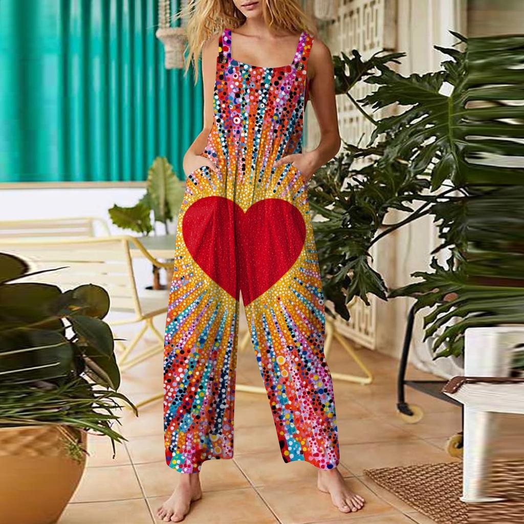 Damen Valentinstag Bedruckte Lässige Lockere Retro Baumwollleinen Latzhose mit Taschen