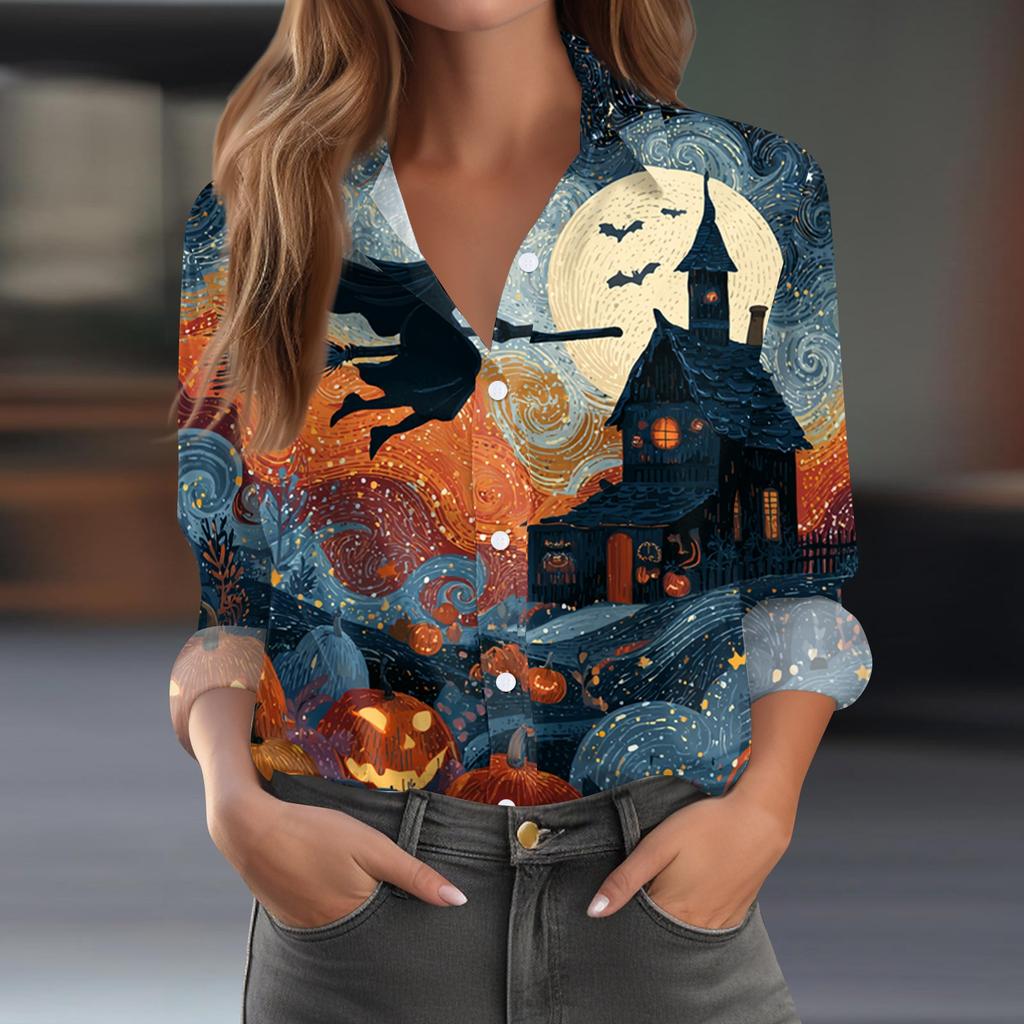 Women's Casual Long Sleeve Half Button Down Shirt with Halloween Print for Fall